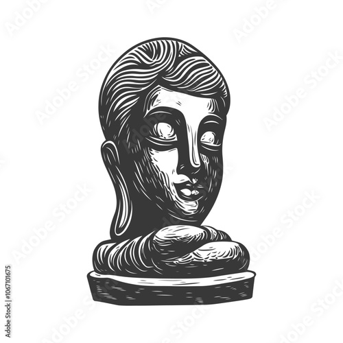 Black and white illustration of a Buddha statue head