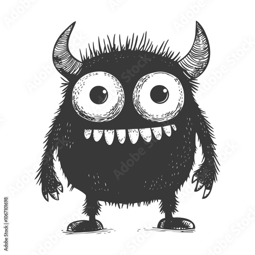 Black and White Illustration of a Cartoon Monster with Horns and Big Eyes