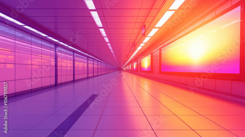 Futuristic subway tunnel with vibrant colors and glowing lights