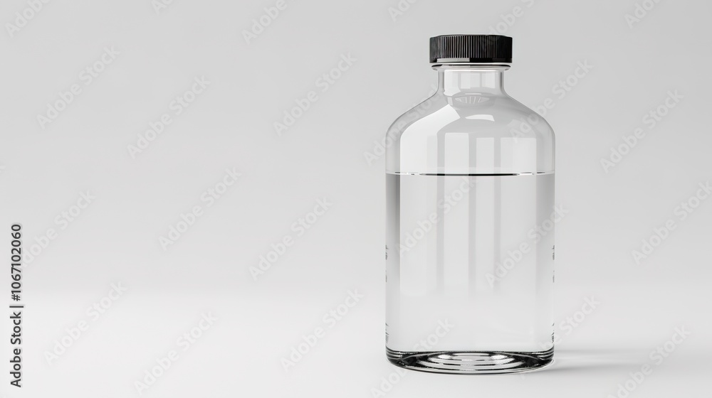 Clean modern water bottle with safety cap and half-filled with clear water on white background, symbolizing hydration and drinking safety, ample copy space for text overlay. Clean modern water bottle with safety cap and half-filled with clear water on white background, symbolizing hydration and drinking safety, ample copy space for text overlay.