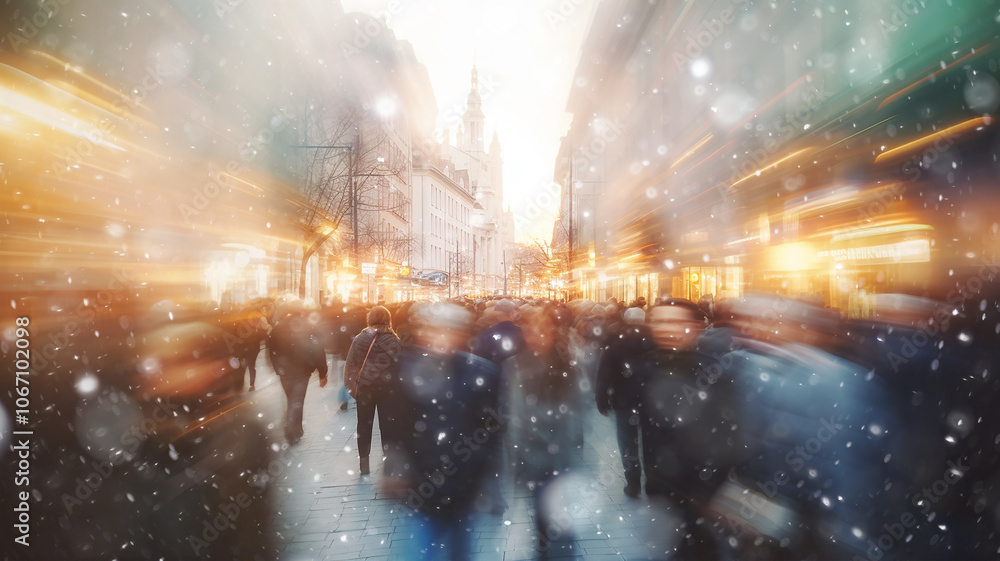 Φωτογραφία winter in the city, snowfall weather, people on the street in light snowflakes f