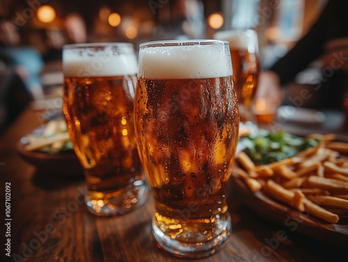 Three diverse friends toasting with beer in an urban bar, surrounded by wooden tables filled with dishes like fries and salad