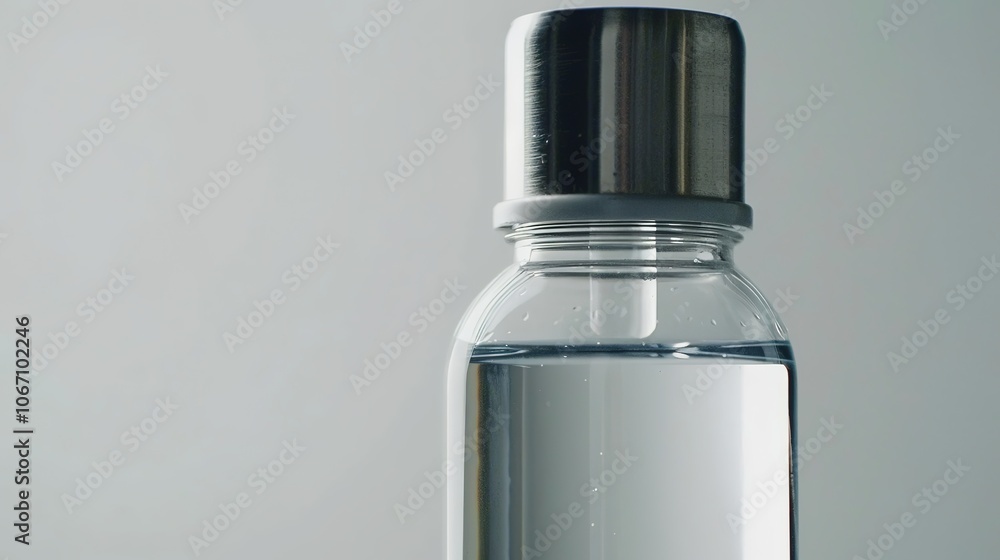Clean modern water bottle with safety cap and half-filled with clear water on white background, symbolizing hydration and drinking safety, ample copy space for text overlay. Clean modern water bottle with safety cap and half-filled with clear water on white background, symbolizing hydration and drinking safety, ample copy space for text overlay.