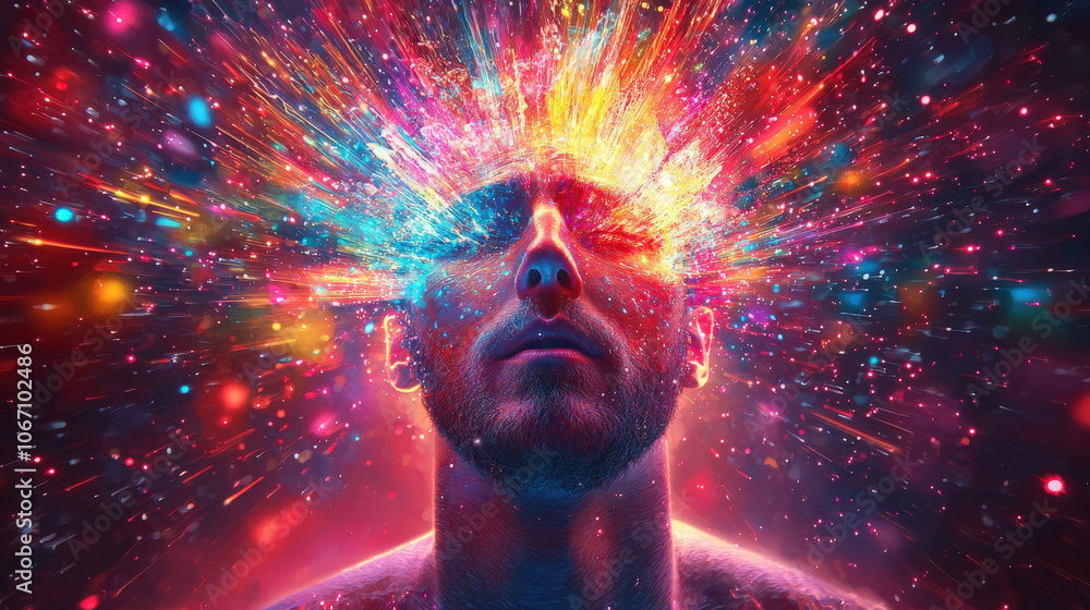 vibrant explosion of colors and shapes emanates from person head, symbolizing creativity and imagination. scene is filled with bright hues and dynamic patterns, creating mesmerizing visual