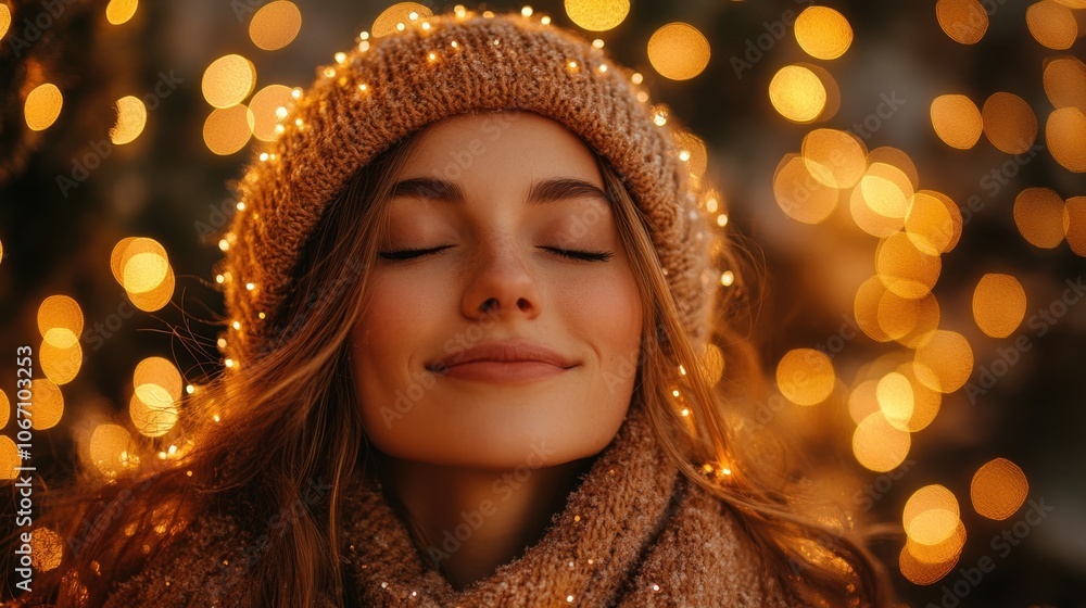 A serene woman enjoys the glow of holiday lights in her cozy winter attire during a festive evening celebration A serene woman enjoys the glow of holiday lights in her cozy winter attire during a festive evening celebration