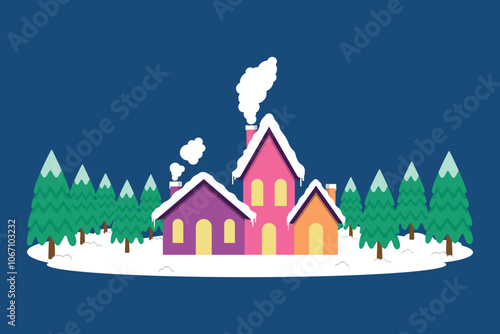 Snowy Home Or Residence With Warm Light And Winter