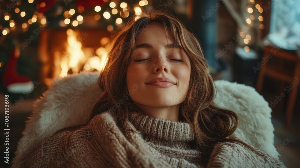Relaxing by the cozy fireplace, a woman enjoys the warmth and festive atmosphere on a winter evening filled with holiday cheer Relaxing by the cozy fireplace, a woman enjoys the warmth and festive atmosphere on a winter evening filled with holiday cheer
