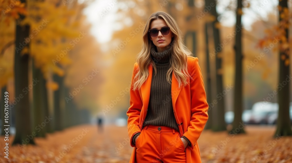 Autumn Fashion Statement: Model in a Stylish Orange Ensemble. Autumn Fashion Statement: Model in a Stylish Orange Ensemble.