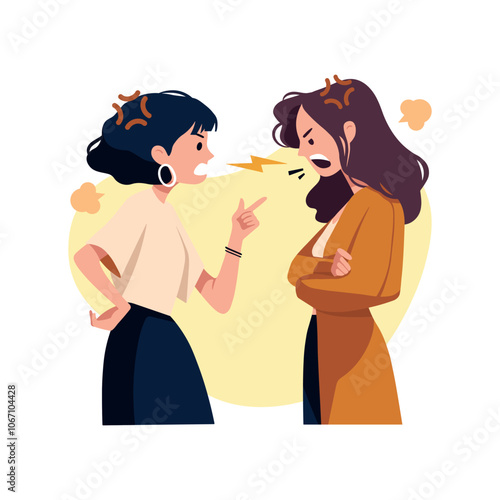 Two women arguing. Relationships between girls, yelling and swearing. Conflict situation. Vector illustration isolated on white.