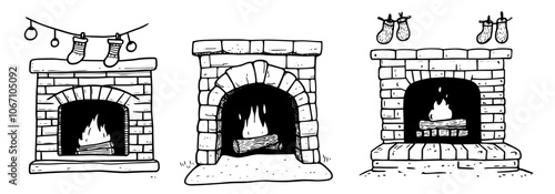 christmas hearth designs with stockings and flames - black vector collection