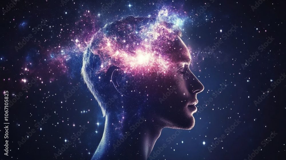 A cosmic journey through the mind as a figure contemplates the vast universe in a brilliant display of stars and galaxies A cosmic journey through the mind as a figure contemplates the vast universe in a brilliant display of stars and galaxies
