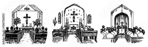 Hand-drawn Christmas Eve Mass scene in classic church setting – black vector