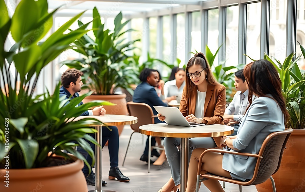 Wide angle shot of woman using tablet while sitting at table in cafe of office building. Business people working in cozy cafe featuring modern biophilic design Wide angle shot of woman using tablet while sitting at table in cafe of office building. Business people working in cozy cafe featuring modern biophilic design
