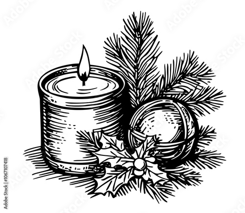 festive candle arrangement with holly leaves and pine branches black vector