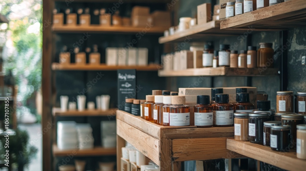Natural product display on wooden shelves Natural product display on wooden shelves