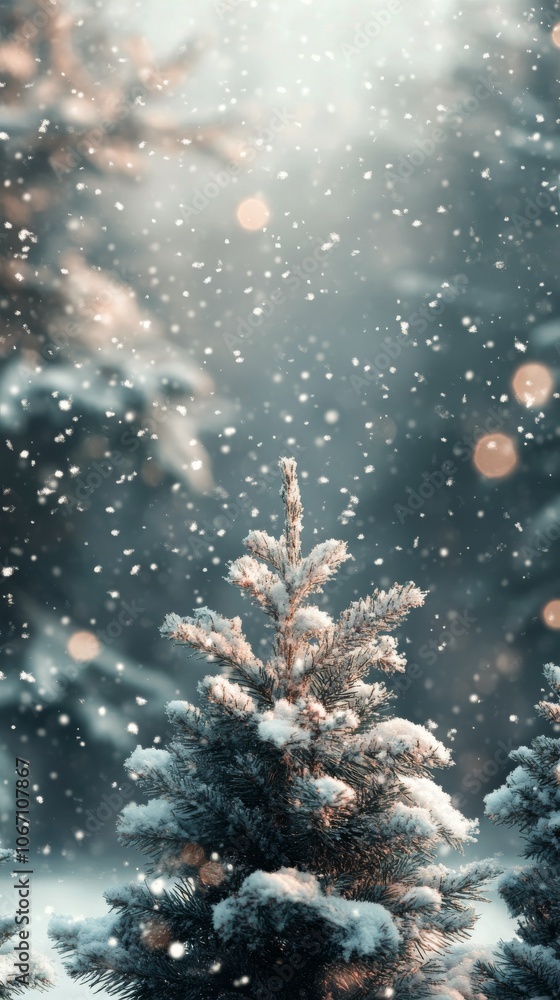 Fototapeta premium Snow covered pine branches glistening in soft light during a winter snowfall at dusk