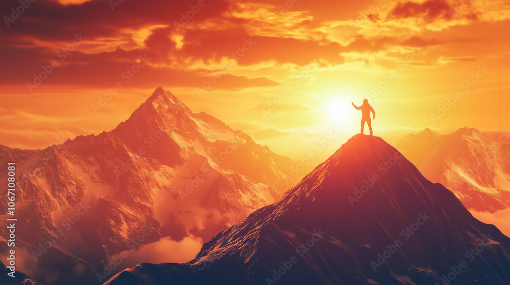 Silhouette of Man Standing on Mountain Peak at Sunset Silhouette of Man Standing on Mountain Peak at Sunset