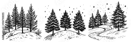 serene winter forest landscape in detailed sketch style, capturing peaceful holiday vibes black vector