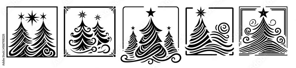 decorative Christmas trees with unique line patterns, ideal for seasonal artwork and decor black vector decorative Christmas trees with unique line patterns, ideal for seasonal artwork and decor black vector