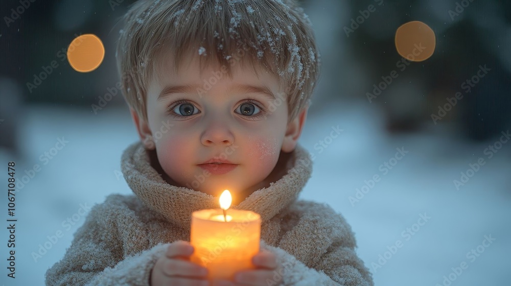 Boy holding a lit candle in snow. Boy holding a lit candle in snow.