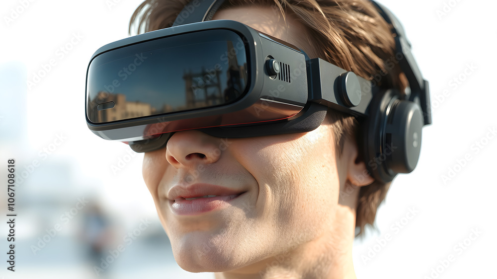 Man using virtual reality headset on blured urban background. Man using virtual reality headset on blured urban background.