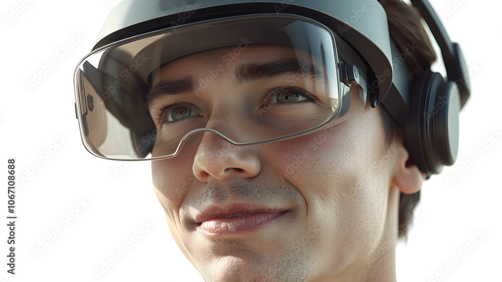 Man using virtual reality headset on blured urban background. Man using virtual reality headset on blured urban background.