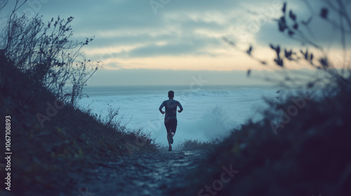 Silhouette of a Runner on a Coastal Path at Dusk