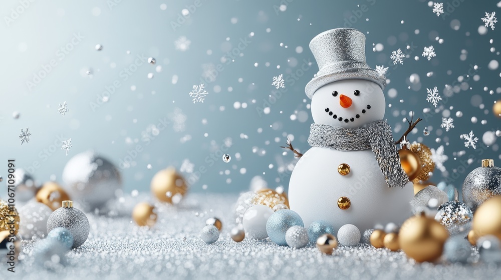 Celebrate the festive season with a charming snowman surrounded by glittering ornaments and soft snowflakes Celebrate the festive season with a charming snowman surrounded by glittering ornaments and soft snowflakes