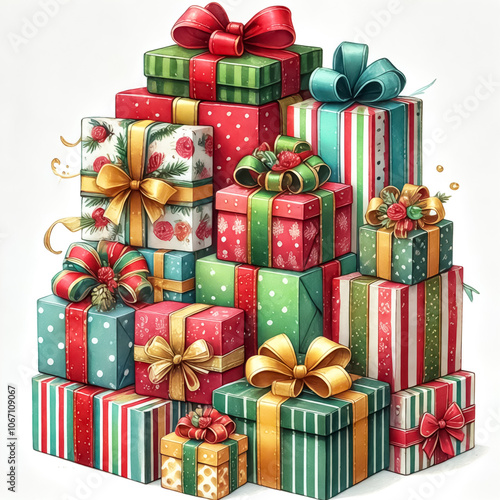 A stack of colorful presents in different sizes, each with festive wrapping paper.