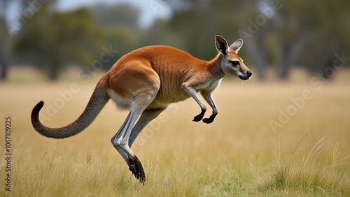 Kangaroo in Motion, a kangaroo mid-leap in an open grassland photo