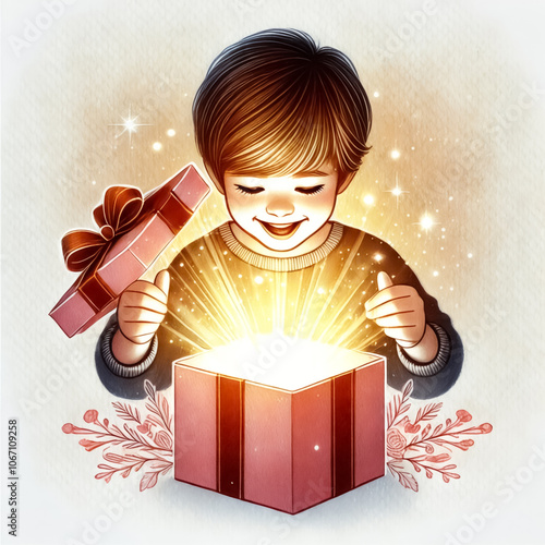 A child opening a Christmas gift with a glowing surprise inside. photo