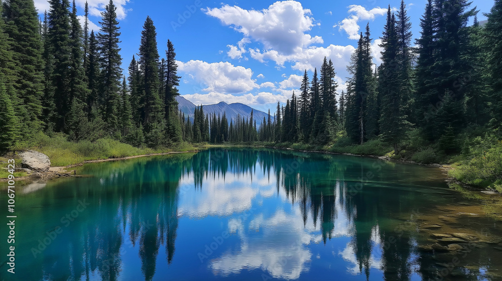 Blue mountain lake with reflection of clouds and trees
