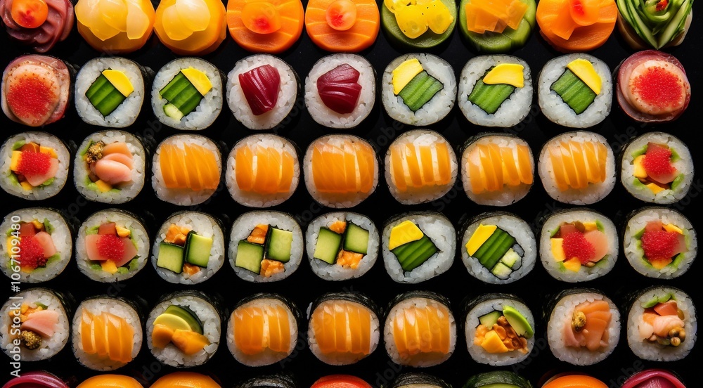 close-up of sushi rolls on the table, sushi rolls set, sushi background, set of sushi rolls, seafood set, designed shushi rolls close-up of sushi rolls on the table, sushi rolls set, sushi background, set of sushi rolls, seafood set, designed shushi rolls