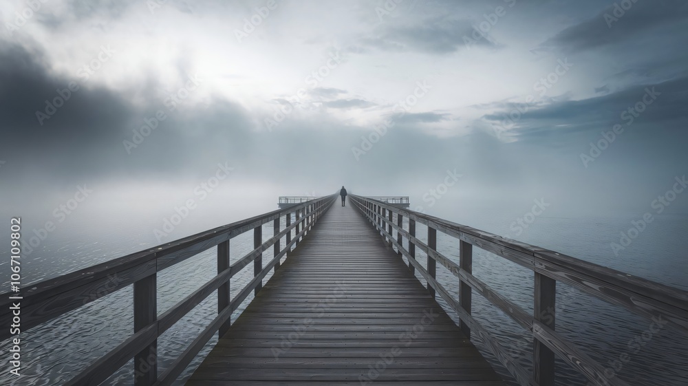 Fototapeta premium a wooden pier with a person walking on the pier