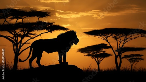 An illustration of the silhouette of a lion animal at sunset