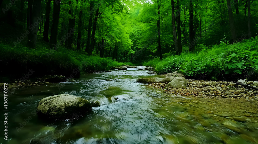 A tranquil stream flows through a lush green forest, with large rocks and clear water. A tranquil stream flows through a lush green forest, with large rocks and clear water.