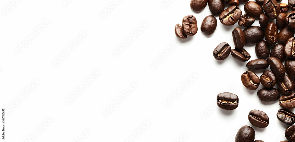 Naklejka premium An attention-grabbing banner featuring coffee beans on the right side of the frame, with space for text in front, on a white background.