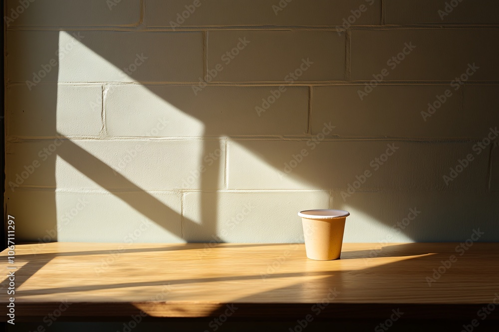 Minimalist Coffee Cup on Wooden Table with Sunlight and Brick Wall Minimalist Coffee Cup on Wooden Table with Sunlight and Brick Wall