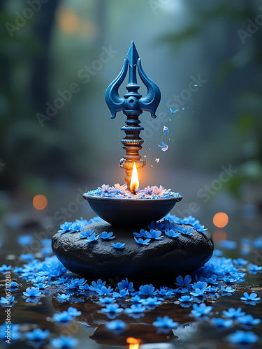 Lord Shiva Shiv lingam with a burning candle and Trishul photo