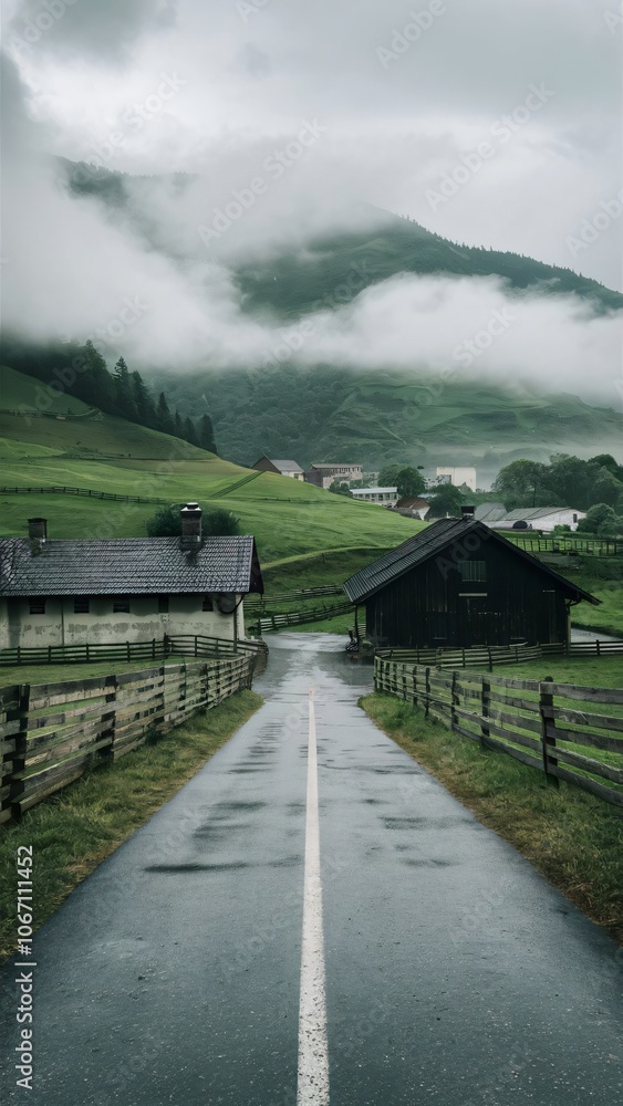 Fototapeta premium a country road with a farm and a house on the left side.