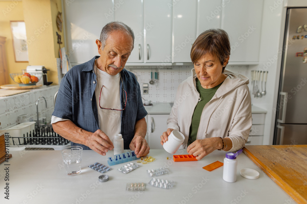 Obraz premium Senior couple managing their medication in warm kitchen. Dressed in casual clothing, organising pillbox as part of their daily routine at home. Horizontal