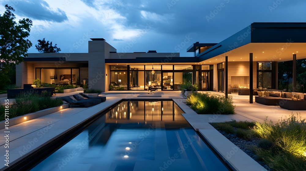 Fototapeta premium Contemporary Home with Integrated Outdoor Lighting