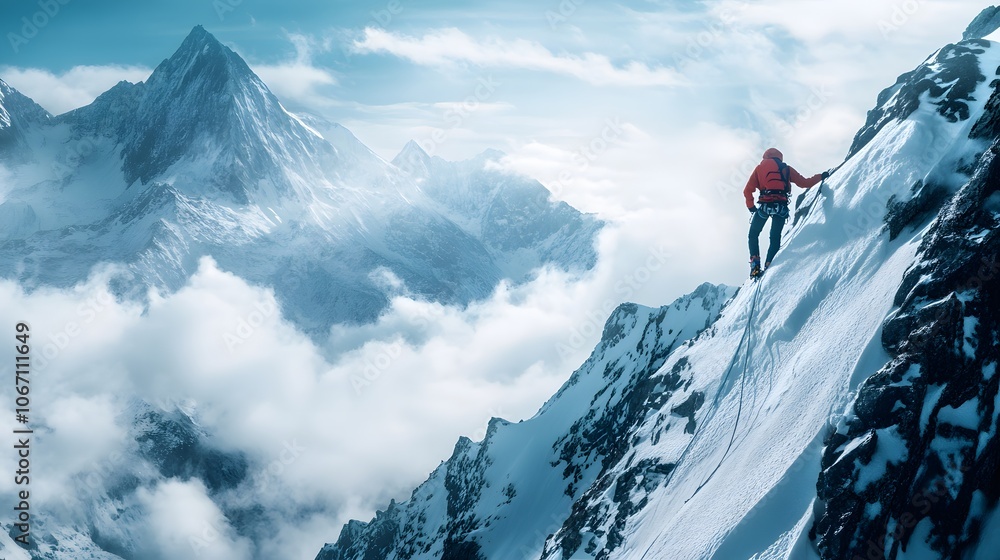 Goal to success concept, person climbing a steep slope towards a mountain peak