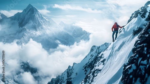 Obraz na płótnie Goal to success concept, person climbing a steep slope towards a mountain peak w salonie