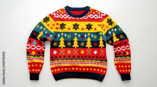 Festive holiday sweater in bright colors, decorated with Christmas trees, stars, and jolly ornaments