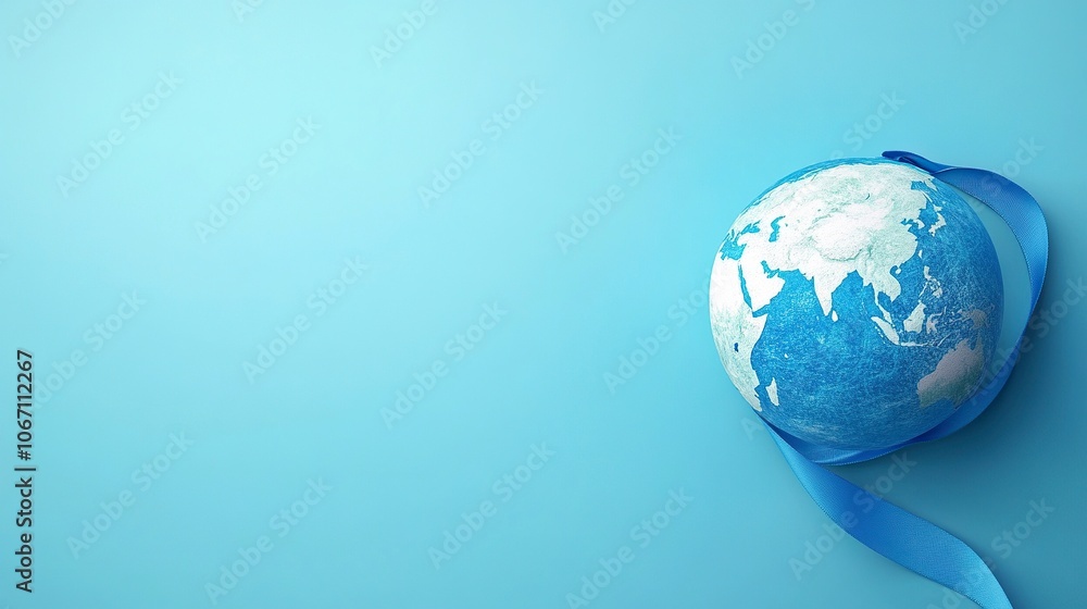 Concept of World Diabetes Day , The world is surrounded by a blue ribbon pin , free space on the left side , on blue background , illustration , generative ai Concept of World Diabetes Day , The world is surrounded by a blue ribbon pin , free space on the left side , on blue background , illustration , generative ai
