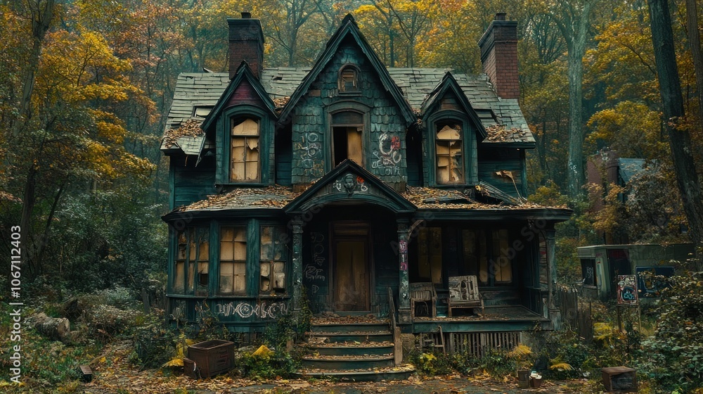 Fototapeta premium An abandoned Victorian house stands in the woods with broken windows, boarded doors, and overgrown vegetation, painted in blue and gray hues.