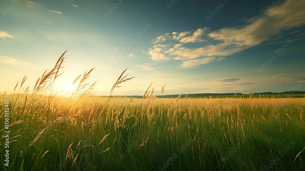 Fototapeta premium Golden sunset over a field of tall grass.