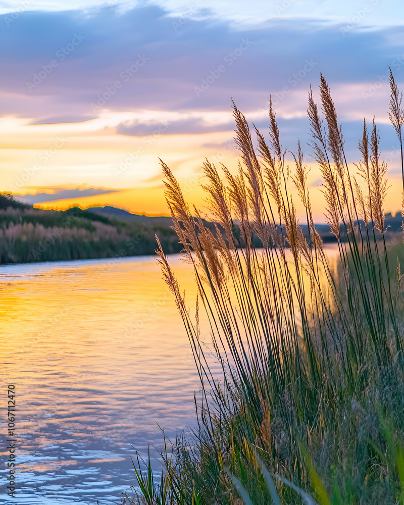 Golden sunset over a river with tall grass in the foreground. Golden sunset over a river with tall grass in the foreground.