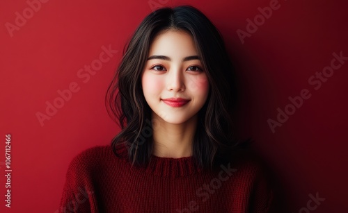 An Asian woman in a red attire stands against a matching red background, exuding warmth and friendliness, perfect for red-themed marketing campaigns.